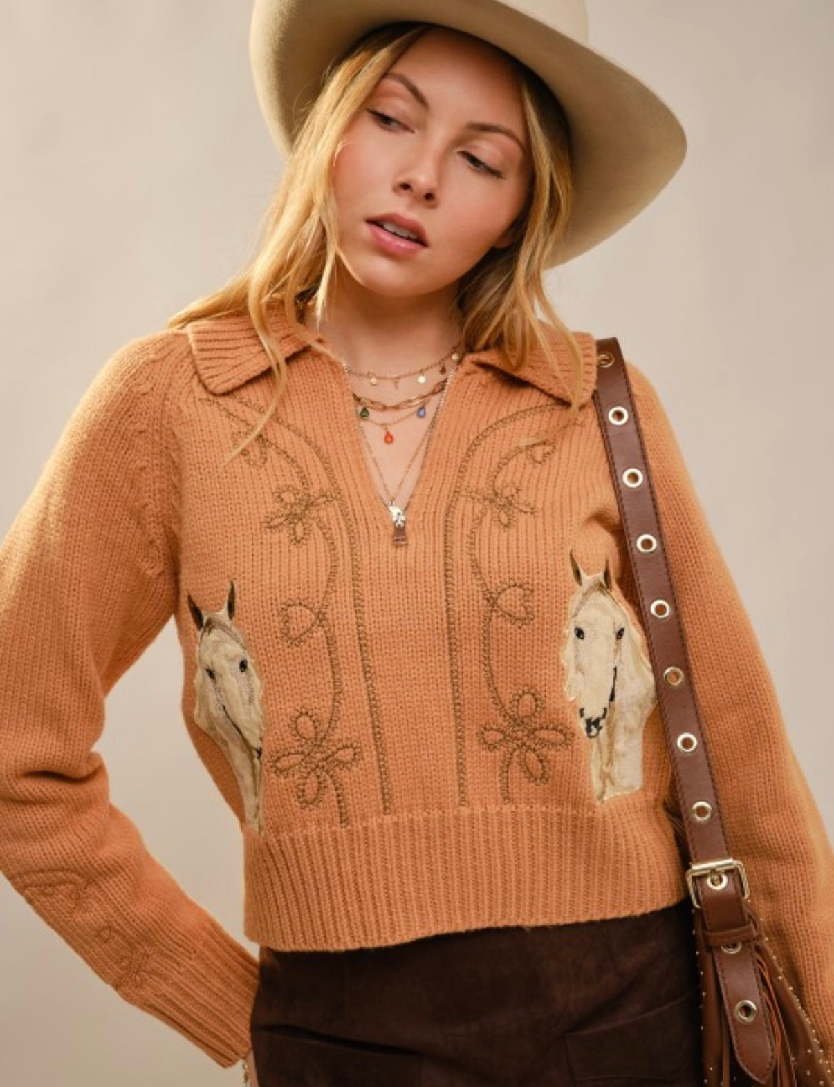 High Desert Horse Embroidered Zip Sweater